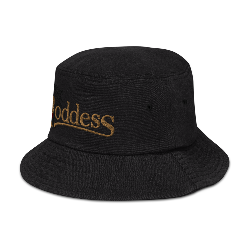 Denim Bucket Hat with Embroidered "Goddess" Design