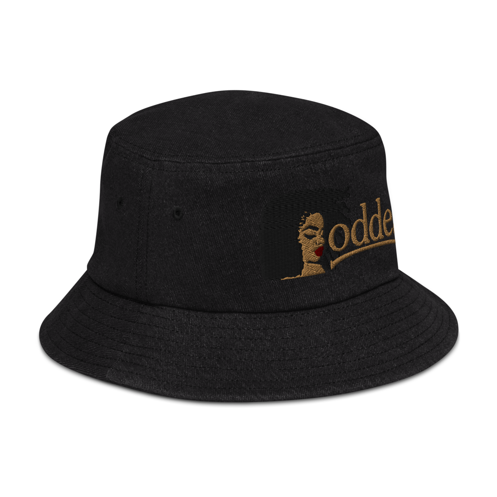 Denim Bucket Hat with Embroidered "Goddess" Design