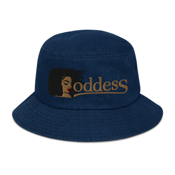 Denim Bucket Hat with Embroidered "Goddess" Design