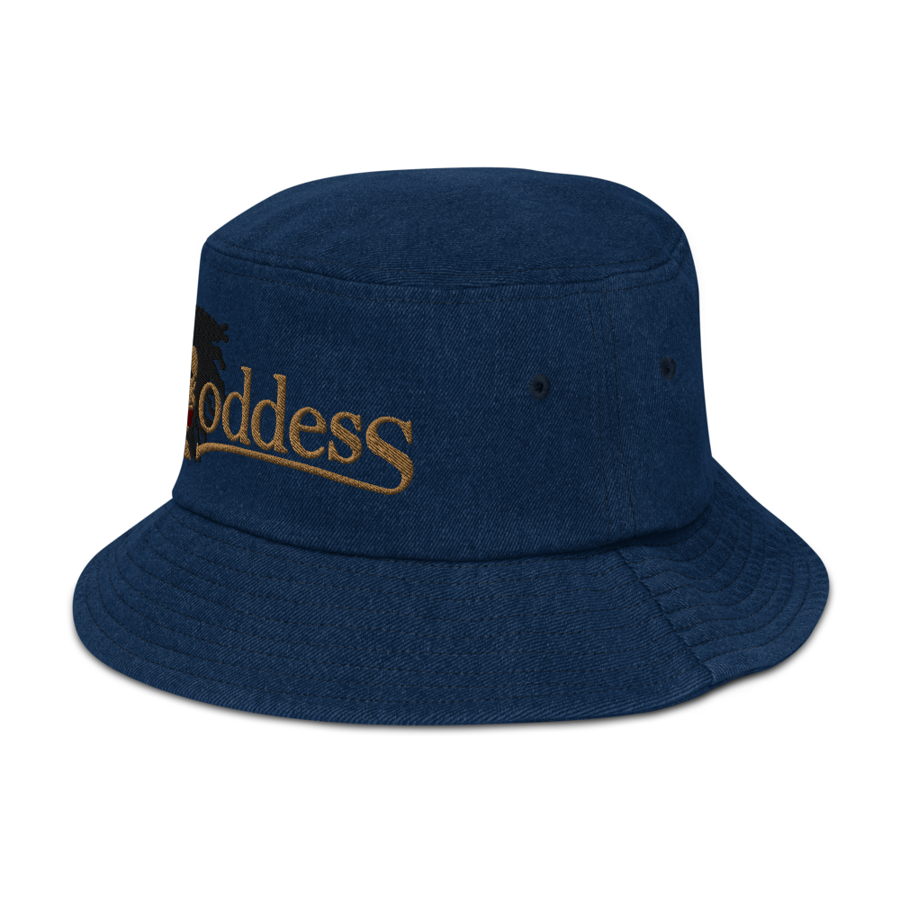 Denim Bucket Hat with Embroidered "Goddess" Design