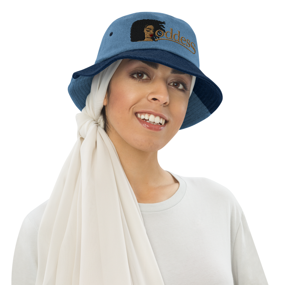 Denim Bucket Hat with Embroidered "Goddess" Design