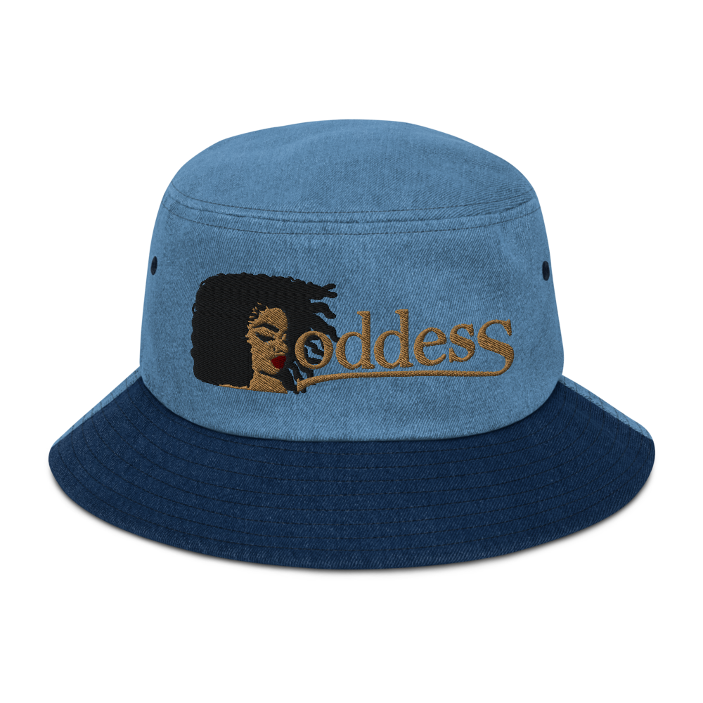Denim Bucket Hat with Embroidered "Goddess" Design