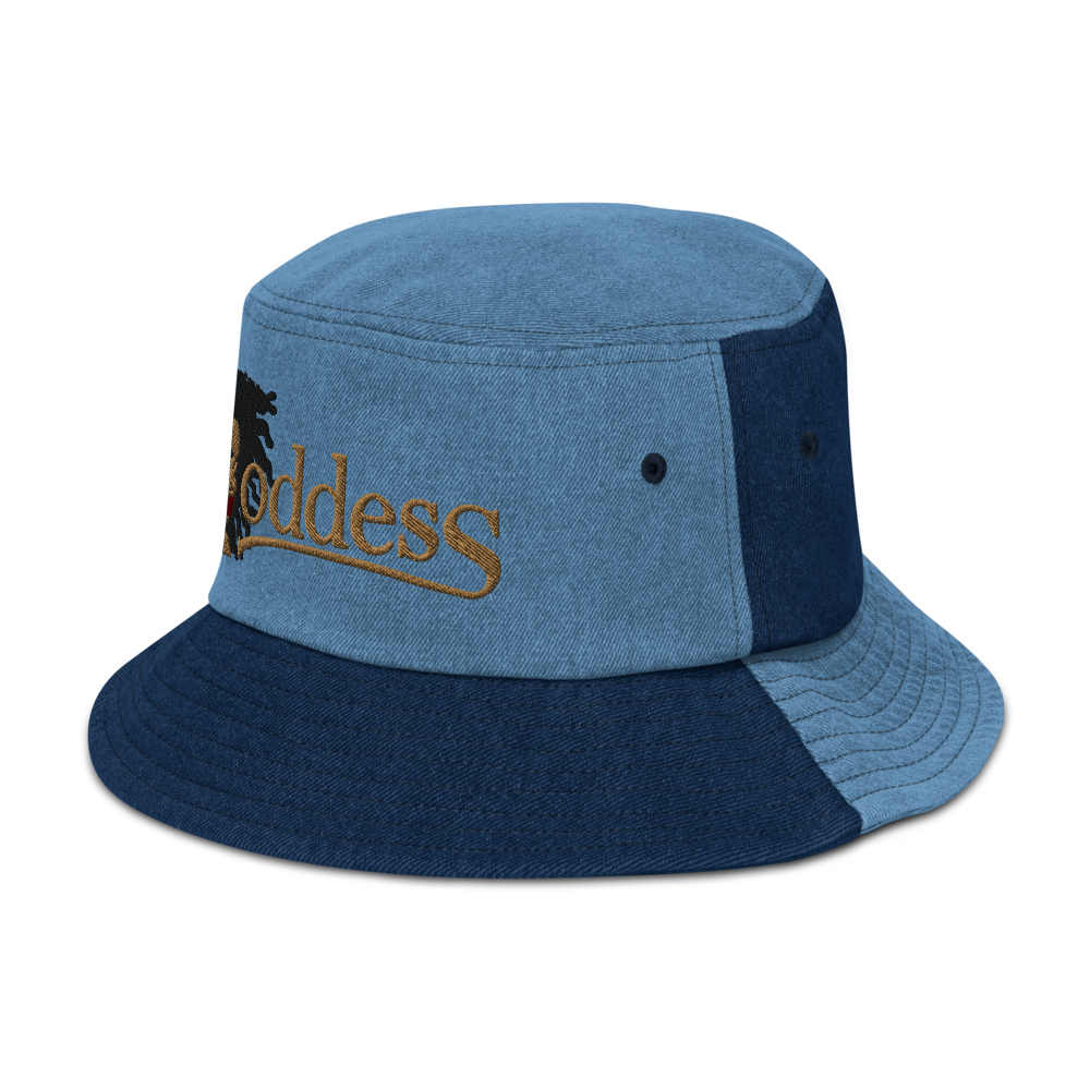 Denim Bucket Hat with Embroidered "Goddess" Design