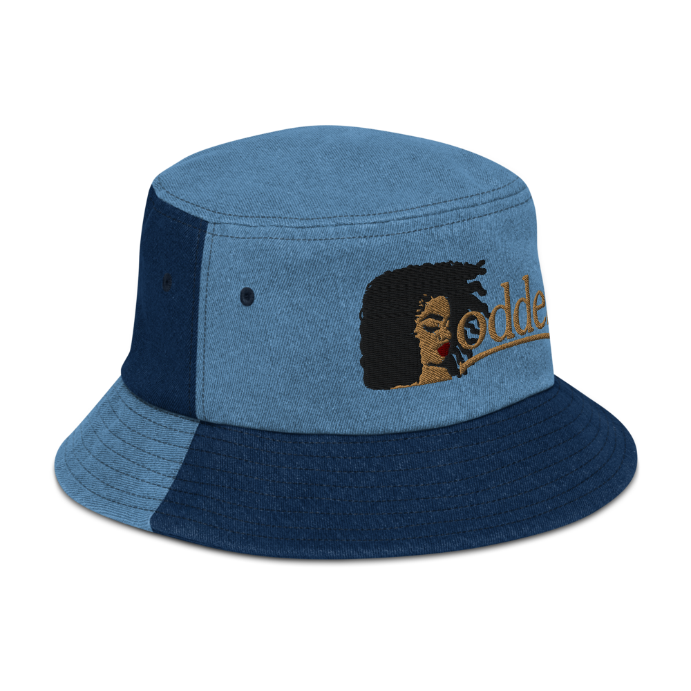 Denim Bucket Hat with Embroidered "Goddess" Design