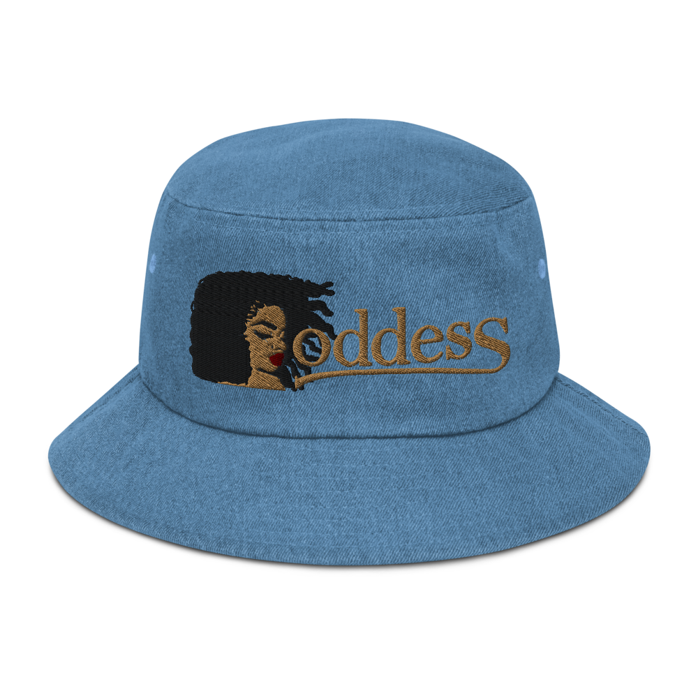 Denim Bucket Hat with Embroidered "Goddess" Design