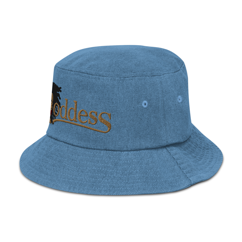 Denim Bucket Hat with Embroidered "Goddess" Design