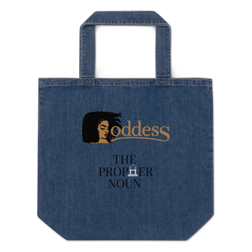 Organic Denim Tote Bag with "Goddess" and "The PropHer Noun" designs