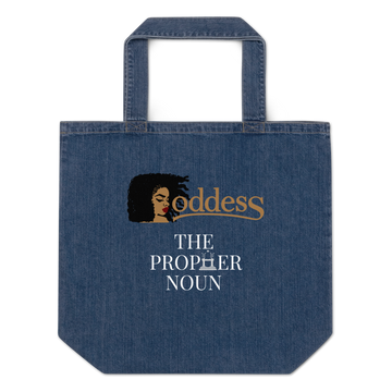 Organic Denim Tote Bag with "Goddess" and "The PropHer Noun" designs