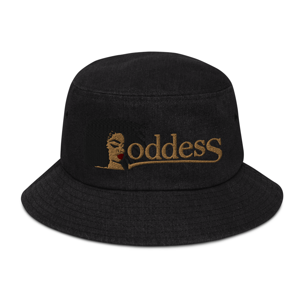 Denim Bucket Hat with Embroidered "Goddess" Design