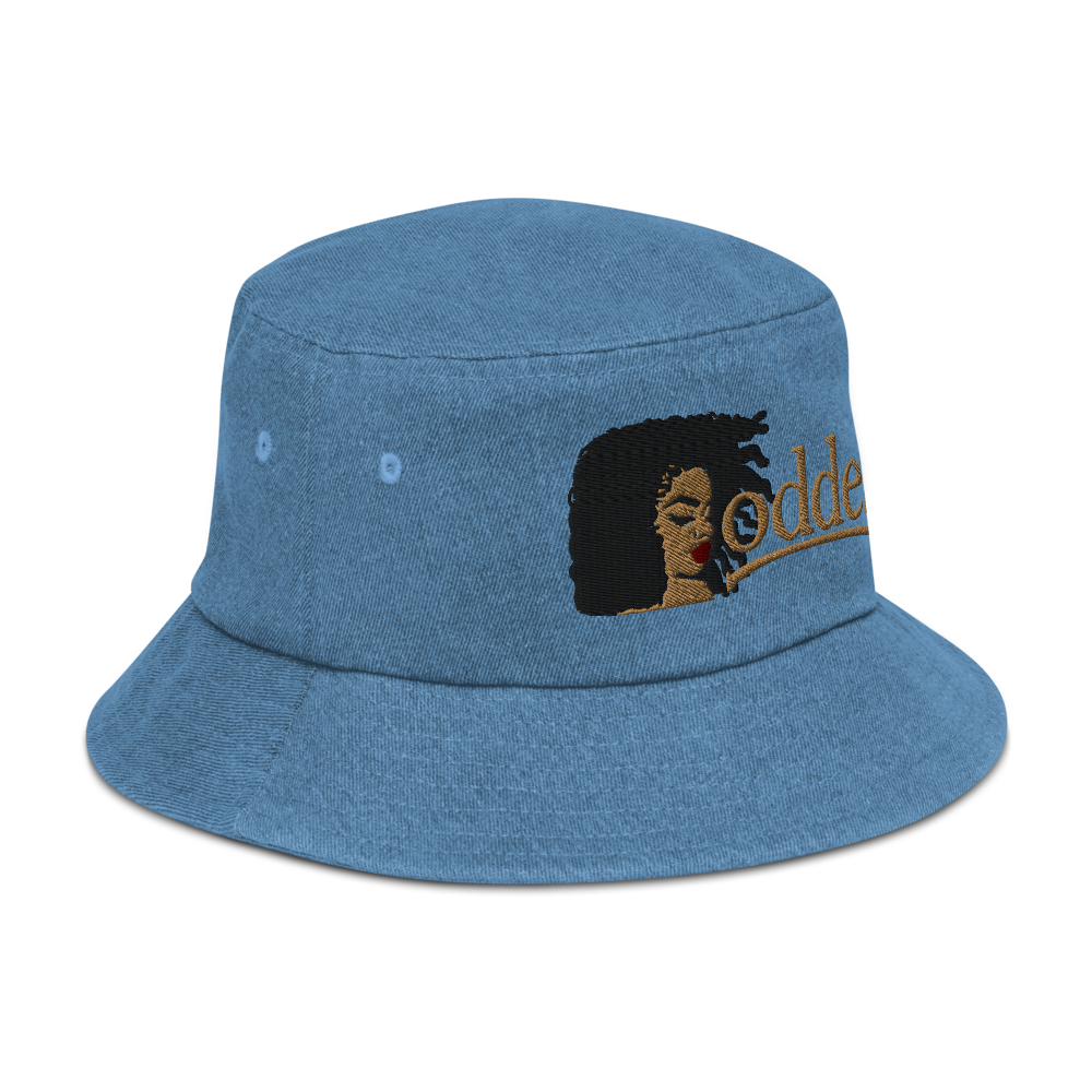 Denim Bucket Hat with Embroidered "Goddess" Design