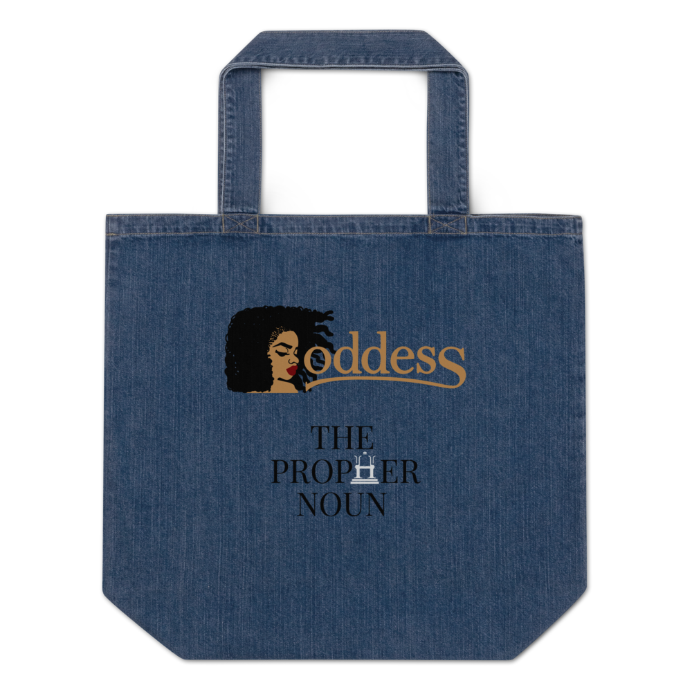 Organic Denim Tote Bag with "Goddess" and "The PropHer Noun" designs