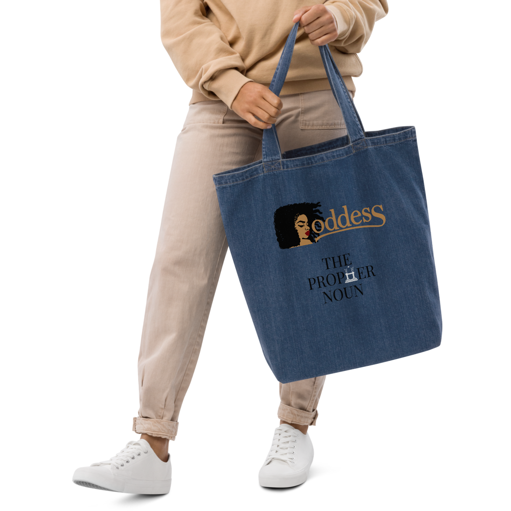 Organic Denim Tote Bag with "Goddess" and "The PropHer Noun" designs